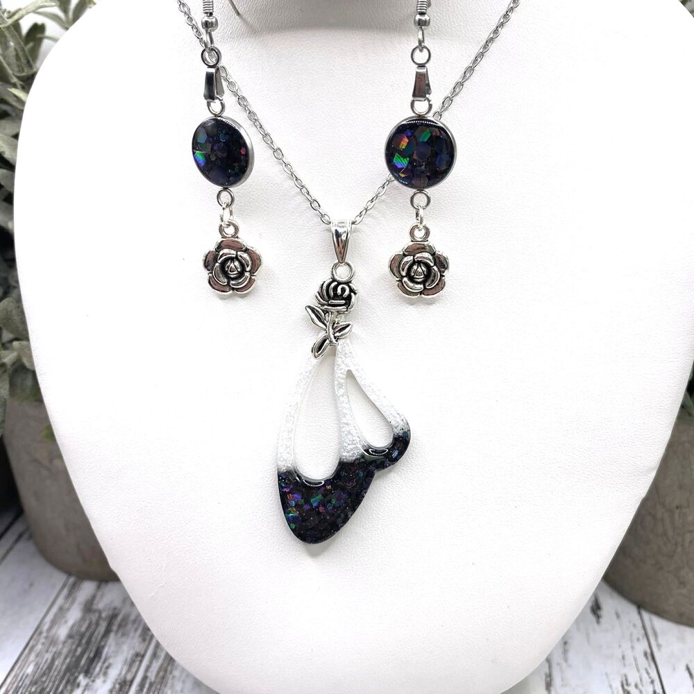 Handmade Black Glitter Resin Necklace Set w/ Rose Charms | Silver Floral Jewelry - Picture 2 of 4